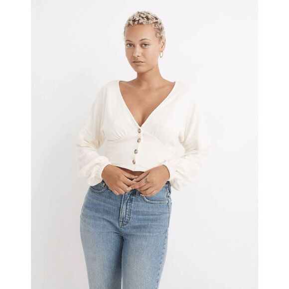 Madewell Antique Cream Deep-V Button-Front Crop Top Women's Size Small NWT - Picture 1 of 6
